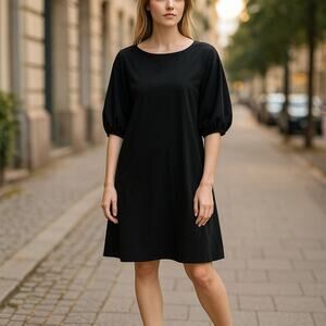 CHICO'S sz 0 Black Crisp Cotton 3/4 Balloon Sleeve Shift Dress Sz small 4/6